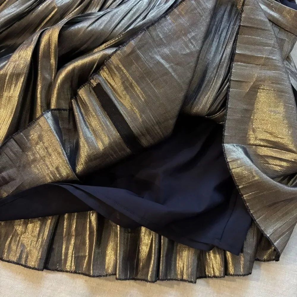 Tory Burch Gold Metallic Pleated Skirt Midi A-Line Size 10 | Party Chic
